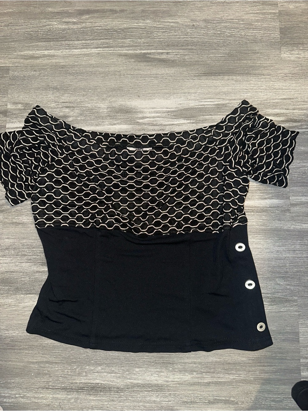 Joseph Ribkoff Black Off-Shoulder Mesh-Pattern Top with Ring Accents